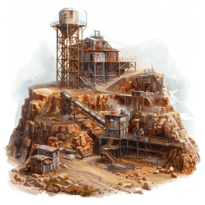 A concept art of an old abandoned gold mine in the desert, with metal and wood structures on top of rocks, mining equipment around it, white background, concept sketch, high resolution, ink painting style, golden ratio composition, ultrafine details, hyperrealistic, octane rendering, cinematic light, HDR, perfect detail, illustration, full body shot, game asset, 2d design, concept sheet