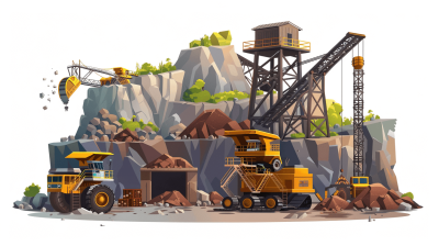 A mining scene with heavy machinery, trucks and rocks on a white background. A vector illustration in the style of cartoon style as an isolated design concept art for game art asset design stylized as 750.