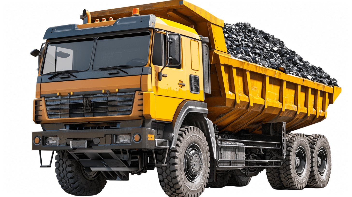 A large yellow dump truck with an open trailer full of black rocks, isolated on white background photo realistic image