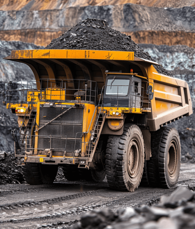 photo of a yellow and black open cabin mining truck with a big load of coal on the road in front of a mine, on a sunny day, taken with a Canon EOS R5 in the style of Canon.
