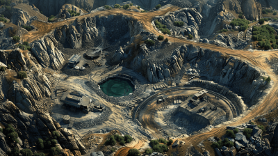 An aerial view of an old abandoned mining site from a top down perspective with a bird's eye view. Rocky terrain with a large circular rock mountain in the center surrounded by rocks and dirt. Photorealistic in the style of fantasycore game environment design that could be used in Unreal Engine.