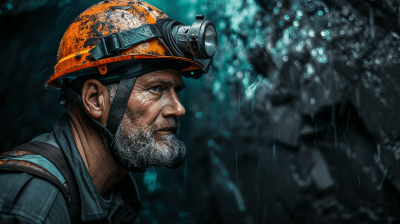 Photo of an old coal miner in the mine, wearing a helmet and working with a headlamp, looking to the camera, looking determined, wearing a dark grey shirt, a dirty face and beard, he is standing near rocks covered in water, he has dirt on his , in the style of a cinematic, hyper realistic artist.