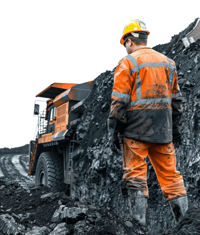Photo of a mining worker in a high visibility orange uniform, standing next to an open body large truck on top of a coal hill with a white background, looking over his shoulder back towards the camera, with high contrast and high resolution, in the style of cinematic quality.