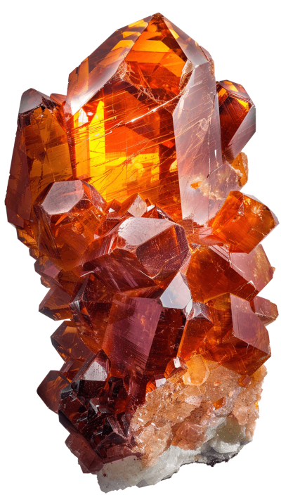 Create an ultrarealistic photograph of Topaz, showcasing its crystal formations and vibrant orange hues against a white background. The image should emphasize the clarity and transparency of topz crystals with sharp edges and deep redorange colors. Ensure that all elements in the scene are clearly visible without any blur or distortion to highlight the beauty and complexity of natural gemstones. White Background. High Resolution Photography