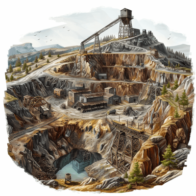 An illustration of an old gold mine with copper and silver halo, complete complex mining scene, highly detailed, high resolution, white background, hand drawn style. The setting is in the mountains near lonely strange rocks, with buildings made from wood or adobe material. There's also watercolour illustrations of abandoned machinery like steampunk cranes on top of steep hills, a small lake at ground level, and wild grasses growing around it. It should have a realistic texture.