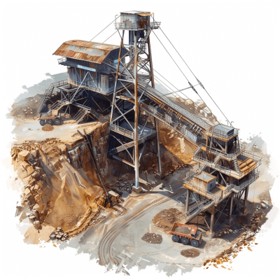 an isometric view of an old gold mine, concept art, white background, watercolor style with texture and detail
