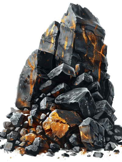 A pile of black and orange rocks in the style of game icon design drawing, on a white background, game assets in the style of handpainted brush strokes, in the anime style, fantasy, anime art, cartoon rendering, with simple details, high resolution, ultrahigh definition, high quality, high detail, super detailed