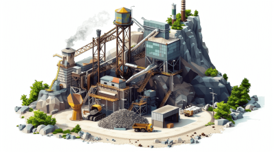 A mining plant with rocks and machinery, isometric design, white background, concept art in the style of Pixar, cgsociety, character design sheet