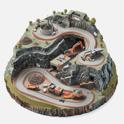A realistic photo of an open pit mine with trucks and machinery, on a white background. The scene is depicted in the style of Pixar's animation aesthetic. A toy-style 3D model is created using Blender software, featuring vibrant colors and a playful design. It includes a winding road leading to the mining site from which rock formations rise up. At one end there should be large rocks being trucked away in the style of excavators.