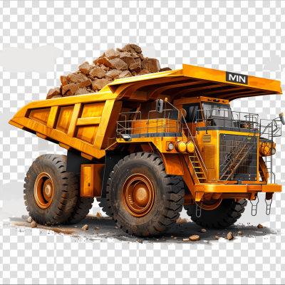 A large yellow dump truck with rocks in the bed, transparent background, vector art style, 2D game design, digital painting in the style of ultra realistic, high resolution, high detail, clean lines, smooth edges, sharp focus, natural lighting, studio lighting, professional photography in the style of professional color grading, photorealistic in the style of hyperrealism, isolated on a white background.