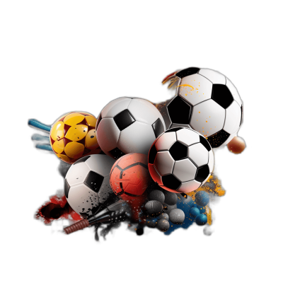 A dynamic composition of various sports balls and equipment, creating an energetic atmosphere on black background.