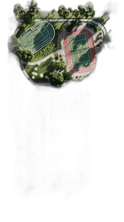 Aerial view of an outdoor sports complex with a football field, basketball court and tennis courts, surrounded by greenery on a black background. The illustration is in the style of a 3D rendering with soft shadows and detailed textures. Digital art techniques were used with a light color theme and high resolution. There is no text or symbols in the picture.