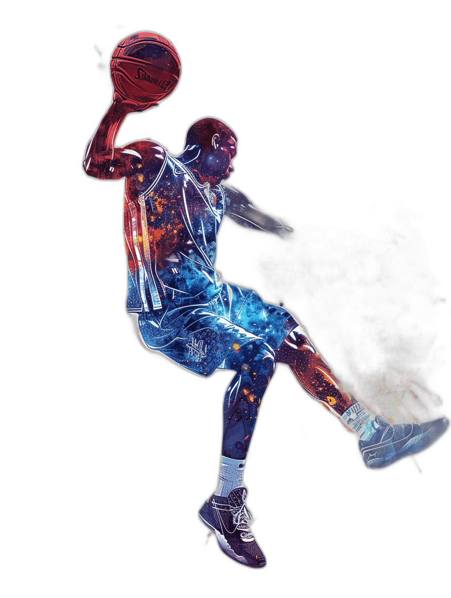 3D Full body shot, abstract art style of Michael Jordan dunking the ball in space with galaxy colors on his and shoes, black background, vector design, high resolution, high detail, colorful design, vibrant color palette,