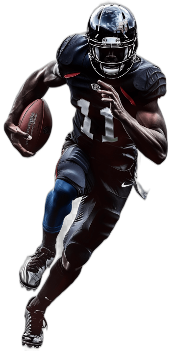 nfl player running with a football, in a navy blue and red uniform, hyper realistic photography, black background, studio light. The player is running in the style of an nfl player with a football on a navy blue and red uniform against a black background with studio lighting.