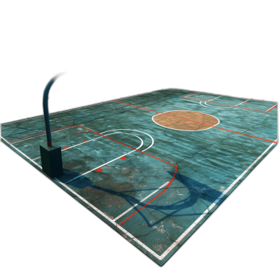 a basketball court with the floor painted in teal and red, on black background, 3d render, unreal engine, blender