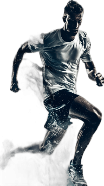 A white soccer player in a white t-shirt and black shorts, running on a dark background, with a double exposure effect and water drops, in high resolution and with hyper realistic and detailed style.