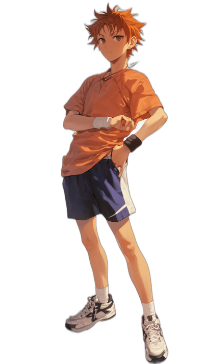 manga character in sportswear, full body, in the style of anime, high resolution, ultra detailed, black background, orange hair and brown eyes, wearing shorts and a tshirt with white shoes