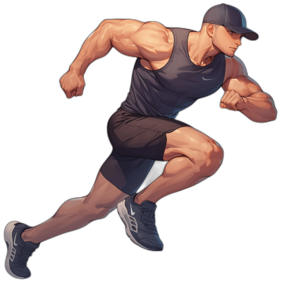 male character, full body running pose wearing a dark blue cap and a black tank top with short shorts and navy shoes, muscular build, in the digital art style