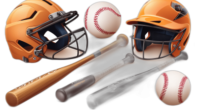 hyper realistic vector graphic of baseball equipment, orange helmet and bat with white ball on black background