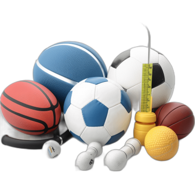 A group of sports equipment, including basketballs, football сказать "Capsex" on the ball, soccer红旗 and other objects with measuring tape in front of them, all black background, 3D rendering. The items include various balls such as volleyball, handball, baseball and tennis racket, which emphasize diverse elements for sportswear design. This scene creates an atmosphere full of vitality and energy.,,in
