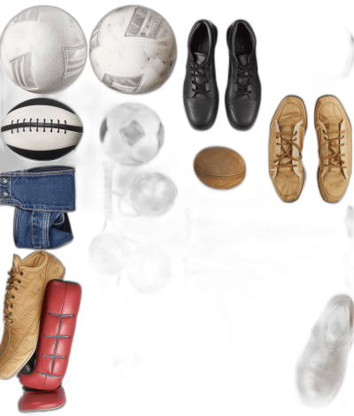 A collage of sports equipment, including footballs and rugby balls, arranged in the shape of an arm with leather shoes on top against a black background, perfect for designs that highlight physical activity or team spirit.