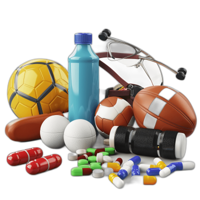 3d realistic illustration of sports equipment, balls and other objects with bottles of pills and stethoscope on black background