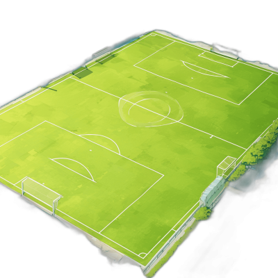 isometric view of an empty green soccer field against a black background in the style of brush strokes and in a painterly, digital art style