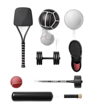 A collection of sports equipment, including dumbbells and badminton rackets, are displayed on the black background. The ball-shaped logo "post boi" appears in white letters at one end of each product. In the center of some products there is an icon that resembles half a soccer ball or volleyball. The high resolution photography shows insanely detailed, fine details of the equipment on an isolated dark clean background in the style of a stock photo.