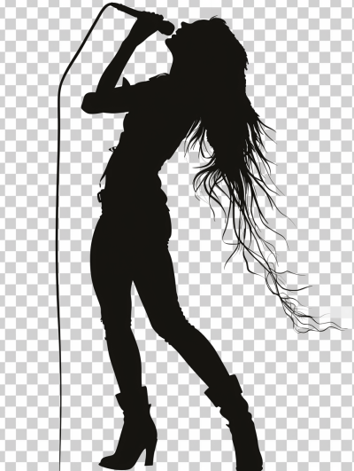 silhouette of a female singer holding a microphone and singing with her long hair blowing in the wind, wearing high heeled boots against a transparent background in the style of a clipart.