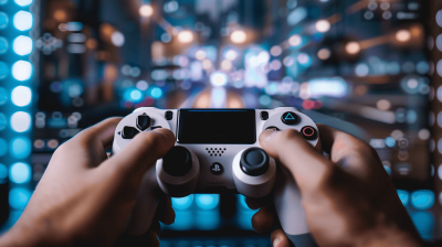 Close up of hands holding a game controller, playing video games on the screen with a blurred background of city lights and skyscrapers. High resolution photography in an insanely detailed and hyper realistic style. Fine details in a professionally color graded stock photo.