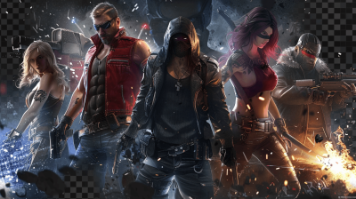 G highest quality, masterpiece, ultra detailed game characters with weapons in the style of PUBG poster, cyberpunk style, dark background, full body, game art character design, multiple colors, female and male characters. One character has a rifle in hand, wearing a red vest and black leather jacket, with a hood on their head and long purple hair. Another man stands behind her wearing glasses, with a gun belt at his waist, in a hyper realistic, cinematic, high contrast, high resolution, full HD style.