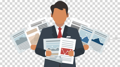 A businessman holding various papers and charts, representing the concept of financial newspapering isolated on transparent background cutout