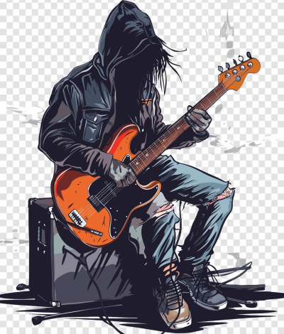 A metal music guitarist playing an electric guitar, wearing jeans and hoodies, sitting on top of his rectangular black power zend with white background vector illustration png transparent