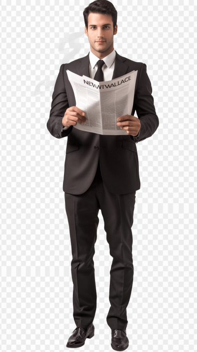Full body photo of handsome man in suit reading newspaper, transparent background PNG cutout with no shadow around the edges. He is holding up his news paper and has text on it that says "NE Js planou k Malone!", he looks serious but not fierce. The word newscaster appears above him. There should be space all round for text or designs.