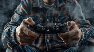 A man holding a PlayStation controller, his hands close up and focused on, with high resolution in the style of a Sony camera effect. The photography style is high definition, high detail, and high quality. The background is a dark blue and gray. There is an atmosphere of game playing.