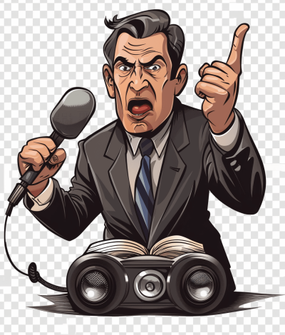 Cartoon of angry politician with microphone and binoculars, transparent background png