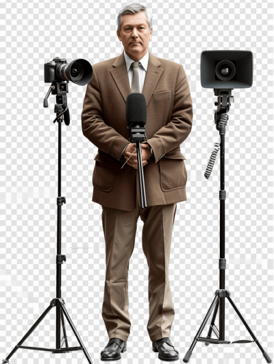 Full body photo of the highest quality, detailed and realistic full-length photograph of an unshaven middle-aged journalist in a brown suit with a microphone standing between two cameras on tripods. The background is completely transparent PNG.