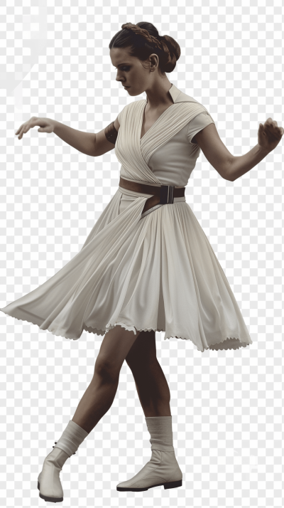 Dancing Rey from Star Wars, wearing a white short dress and shoes, with a transparent background, in the png image format.