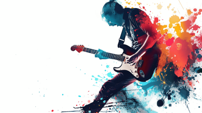 A rock music poster with an abstract design of a guitar and a man playing the electric guitar in action with splashes of color on a white background in the style of a colorful ink painting. It is a full body shot digital art in high resolution, high quality, and with high detail. The illustration uses bright colors and cool tones against a white background with a dynamic composition and energetic atmosphere.