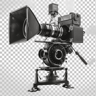 Vintage film camera with large lens and black screen on transparent background, PNG file. Black video equipment for TV production or professional movie studio,
