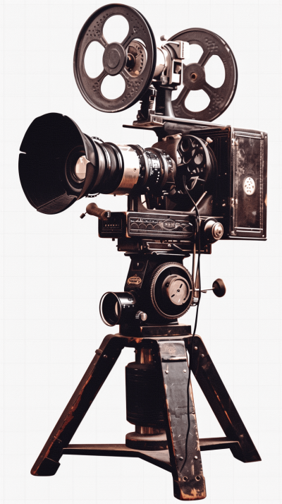 Vintage movie camera on tripod, isolated in white background, no shadow, no reflection, no reflections, no focus blur effect, no bokeh, no grainy film texture, no color gradient