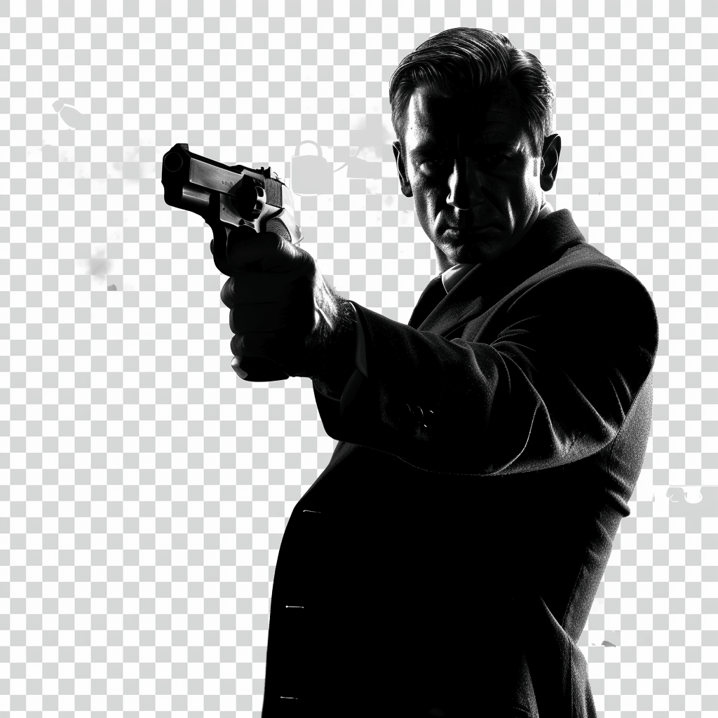 james bond holding gun, transparent background, black and white