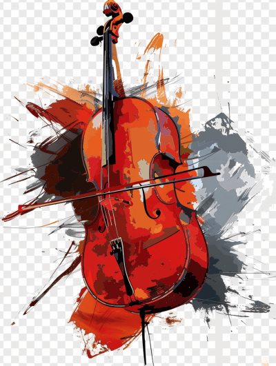 Cello musical instrument vector illustration with transparent background, musical notes, music poster design, brush strokes in the style of Lotar, high resolution, high detail, digital art, png format.