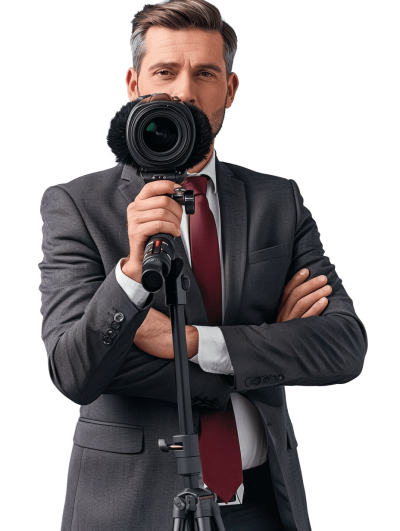 A professional photographer in suit with his arms crossed, holding an expensive camera on the tripod he is standing next to. The man has short hair and facial stubble, dressed for work, isolated white background, stock photo, no text or logo.