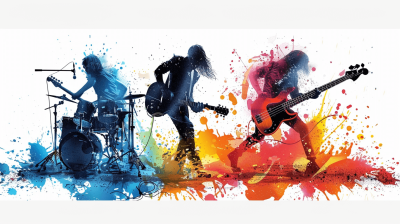 vector illustration of three rock band members playing music, one is on the drums, another has an electric guitar and stands in front with long hair, a third person plays bass while standing behind them. There are paint splashes on a colorful, isolated white background in the vector logo style with no text or other elements inside the frame.