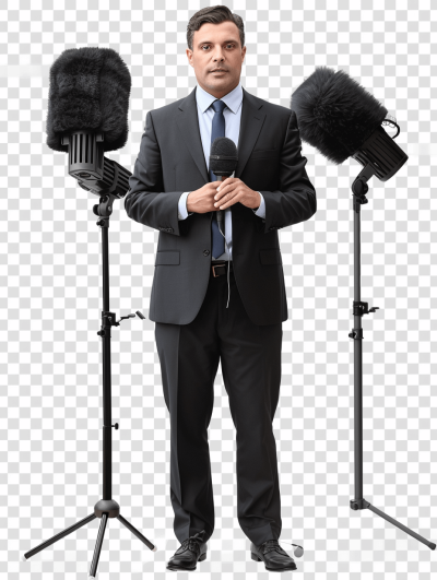Full body shot of a male journalist holding a microphone, dressed in a suit and tie, standing between two microphones against a transparent background in the style of png format.