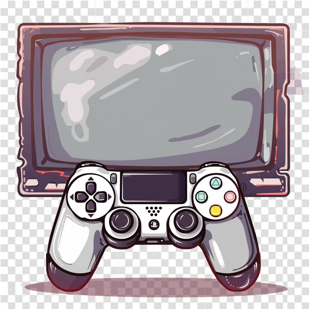 cartoon drawing of game controller and tv, transparent background, png sticker style
