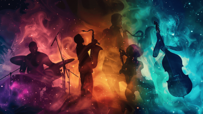A silhouette of an jazz band composed by double bass, guitar and saxophone in the center surrounded with colorful nebulae, dreamy atmosphere, digital art style, soft light, high resolution, high contrast, high quality, highly detailed, hyper realistic, high definition, high sharpness, high angle view, high resolution, high angle view, high detail, high contrast, high resolution, high type, high focus, high resolution.